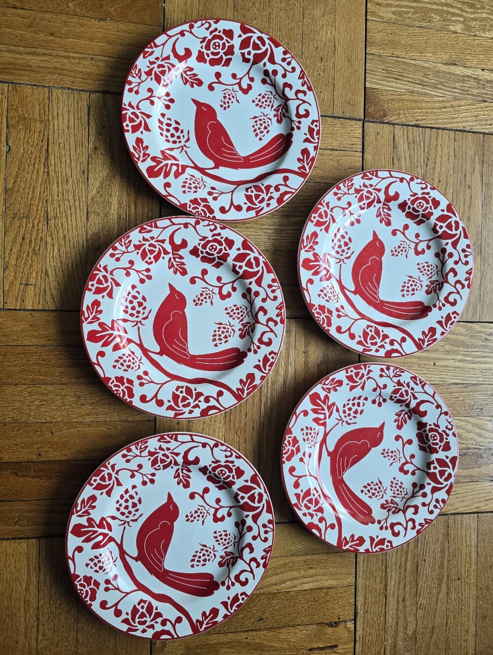 Pier 1 Salad Plates Birds Bird Red  8.25 Set of 5